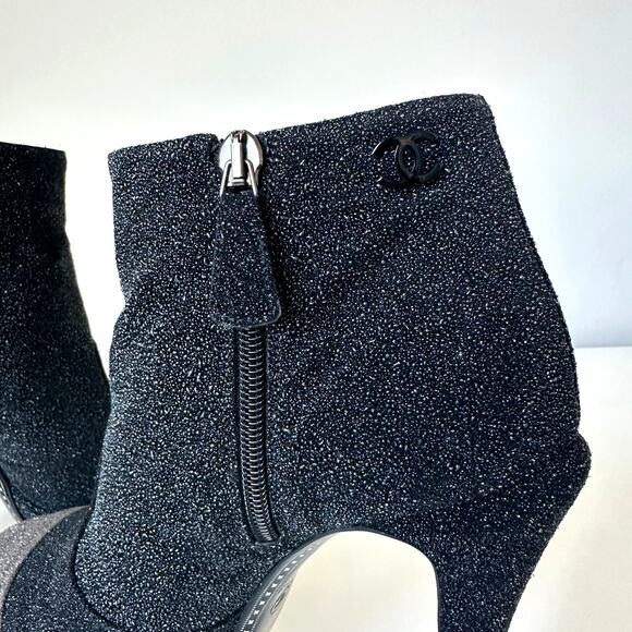 Chanel Black CC Sparkle Glitter Cap Toe Platform Short Boots IT 39 - Picture 7 of 15